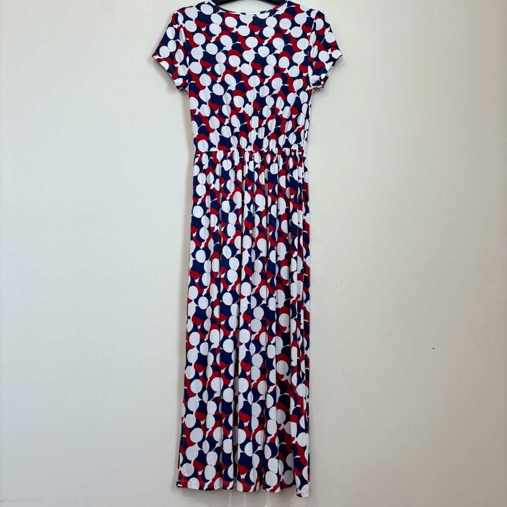 Modcloth short sleeve red navy white bold polka dots wrap V-neck pull over dress - Picture 2 of 16